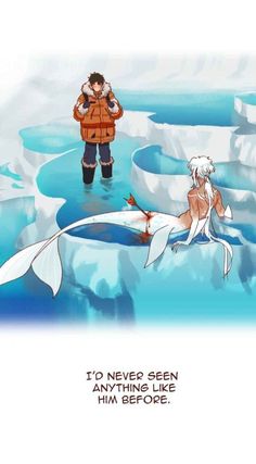 an image of a man standing in the water next to a mermaid and iceberg