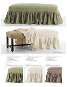 an image of a bed with ruffled bedspread and footstool in different colors