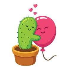 a cactus hugging a heart shaped balloon in a pot