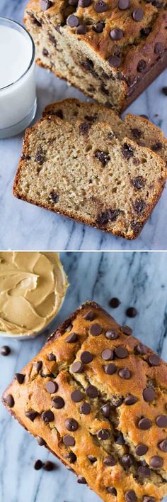 two pictures of banana bread with chocolate chips and peanut butter