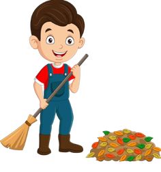 a cartoon boy holding a broom next to a pile of autumn leaves and a rake