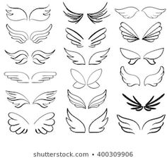 set of hand drawn wings in different shapes and sizes, isolated on a white background