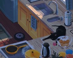 a painting of a cat laying on top of a kitchen counter next to an oven