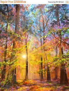 an oil painting of the sun shining through some trees in a forest with leaves on them