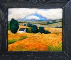 an image of a painting with trees and grass in the foreground, on a wooden frame