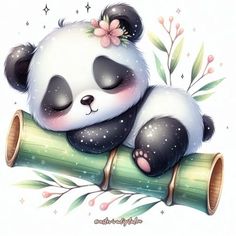 a panda bear sitting on top of a bamboo stick with its eyes closed and flowers in it's hair