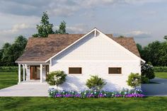 this is a computer rendering of a small house with flowers in the front and side