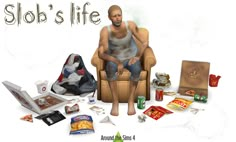 a man sitting in a chair surrounded by snacks, chips and other items that are scattered around him