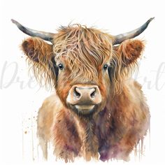 a watercolor painting of a brown cow with horns