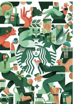 the starbucks poster is designed to look like it has many different things in its hands