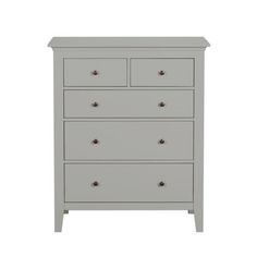 a grey dresser with four drawers and two doors on the bottom drawer, in front of a white background