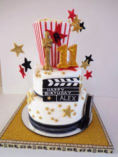 a birthday cake decorated with popcorn and stars