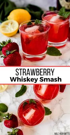 two glasses filled with strawberry whiskey smash