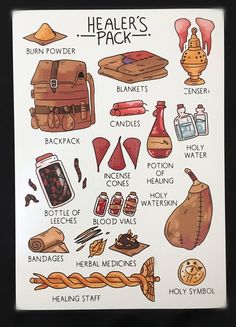 a poster with the words healers pack written in english and some pictures of items