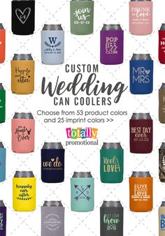 wedding can coolers with different colors and designs on the front, in various styles