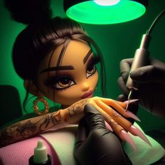 a woman getting her nails done by a professional tattoo artist in a dark room with green lighting