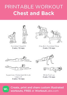 the printable workout poster shows how to do chest and back exercises for beginners