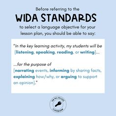 a poster with the words wida standards on it