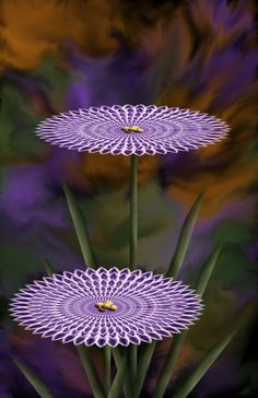 three purple flowers with green stems in the foreground