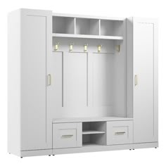 a white cabinet with two doors and drawers on the bottom, one door is open