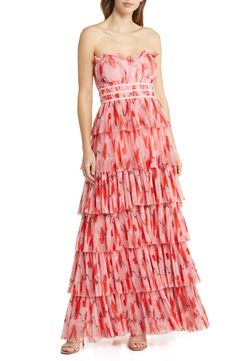 Hutch Monaco Strapless Ruffle Tiered Plissé Gown | Nordstrom Strapless Tiered Ruffle Dress, Flirty Tiered Strapless Dress With Ruffles, Luxury Ruched Tiered Ruffle Dress, Pink Tiered Voluminous Dress, Pink Voluminous Tiered Dress, Strapless Gown, Sweetheart Neck, Hutch, The Eye