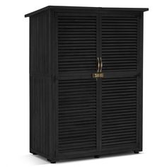 a black storage cabinet with two doors on the front and one door open to reveal a gold handle