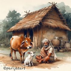 an old man sitting in front of a cow next to a house with a thatched roof