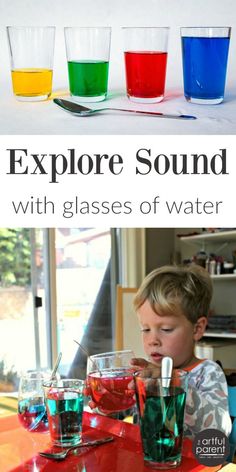 children are sitting at a table with glasses of water in front of them and the text explore sound with glasses of water