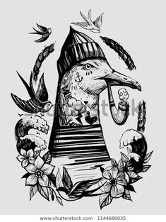 a bird wearing a hat with flowers and birds around it