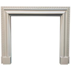 an ornate white fireplace mantel with greek designs on the top and bottom, isolated against a white background