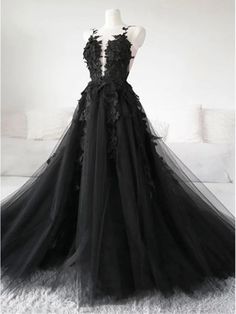 Black Tulle Lace Appliques Long Prom Dresses, Black Lace Formal Dresses, Black Evening Dresses #promdress #promdresses #promdresses2020 #promdresses2k20 #prom2k20 #promdresseslong #blackpromdresses #lacepromdresses #formaldresses #eveningdresses #ballgown #promgowns #formalgowns #eveninggowns #promgirl #promnight #promgoals #promideas #promwear Black Lace Evening Dress, Black Lace Prom Dress, Tulle Applique, Wedding Dress Black, Black Wedding Gowns, Prom Dress Black, Formal Dresses Graduation, Black Evening Dress, Black Evening Gown