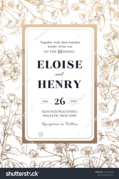 an elegant wedding card with flowers in gold and black on a white background, the text reads