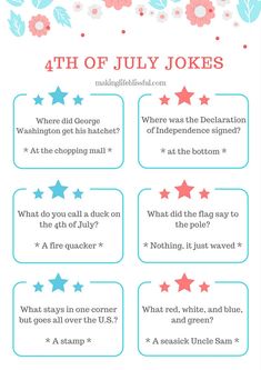 the 4th of july jokes for kids with flowers and stars on it, which are also in