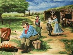 an oil painting of people cooking on the grill in front of a barn and farm