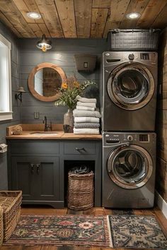 a washer and dryer in a small room