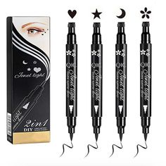 Liquid Eyeliner And Stamp 4 Pcs Set Winged Eyeliner And 4 Shaped Stamps Dul Ended 2 In 1 Eye Makeup Pen * Color: Black * 4 Different Shapes Felt Eyeliner, Eyeliner Stamp, Black Liquid Eyeliner, Makeup Pen, Winged Eyeliner Stamp, Waterproof Eyeliner Pencil, Black Liquid, Basic Makeup, Black Liner