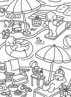 a coloring page with beach scenes and umbrellas