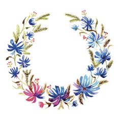 watercolor floral wreath with blue and pink flowers