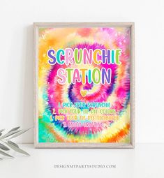 a poster with the words scrunchle station on it next to a plant