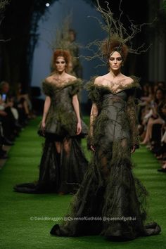 Green forest green carpet fashion show catwalk moss gown couture layering texture style Ai gothic Fashion Inspired By Trees, Elements Of Nature Fashion Show, Forest Inspired Fashion, Moss Inspired Fashion, Mother Nature Fashion, Earth Inspired Fashion, Moss Outfit Aesthetic, Natural Forms Fashion, Mossy Dress