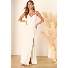 Nwot Lulus Destined Romance White Satin Cowl Neck Backless Maxi Dress Size Small Retail Price: $128 New Without Dress Tags! Your Love Story Was Meant To Be Celebrated In The Lulus Destined Romance White Satin Cowl Neck Backless Maxi Dress! Sleek Satin Shapes This Elegant Dress That Features A Cowl Neckline, Sleeveless Bodice, And Adjustable Spaghetti Straps That Crisscross The Flirty Open Back. A High, Fitted Waist Sits Atop A Figure-Skimming Mermaid Skirt That Falls To A Midi Hem With An Alluri White Satin Dress, Chapel Train Wedding Dress, Backless Maxi Dress, Wedding Dress Train, Bride Gowns, Backless Maxi Dresses, Mermaid Skirt, Cowl Neckline, Satin Maxi Dress