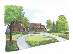 this is an artist's rendering of a house in the country side with trees and shrubs