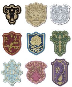 six different colored badges with animals and flowers on them, all in the same color