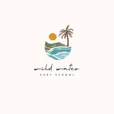 the logo for wild water surf school, which is located on an island with palm trees