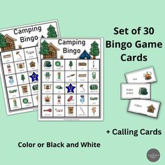 the camping bingo game cards and matching cards