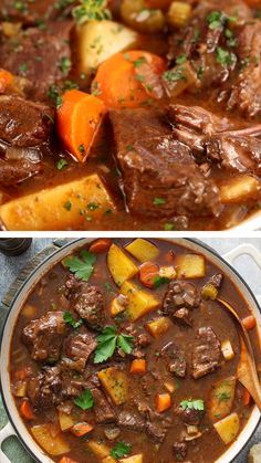 two pictures of beef stew and carrots in a pot