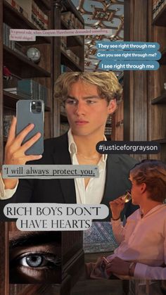 a collage of two people in front of bookshelves with text that reads, i will always protect you rich boys don't have hearts