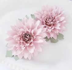 two pink flowers are on a white plate