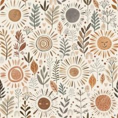 a pattern with sunflowers, leaves and circles on a white background for wallpaper