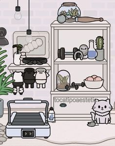 a kitchen with an oven, potted plant and other items on the shelves in front of it